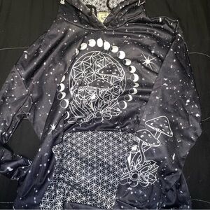 Black Hoodie with Moon Phases and Mushroom Design size large